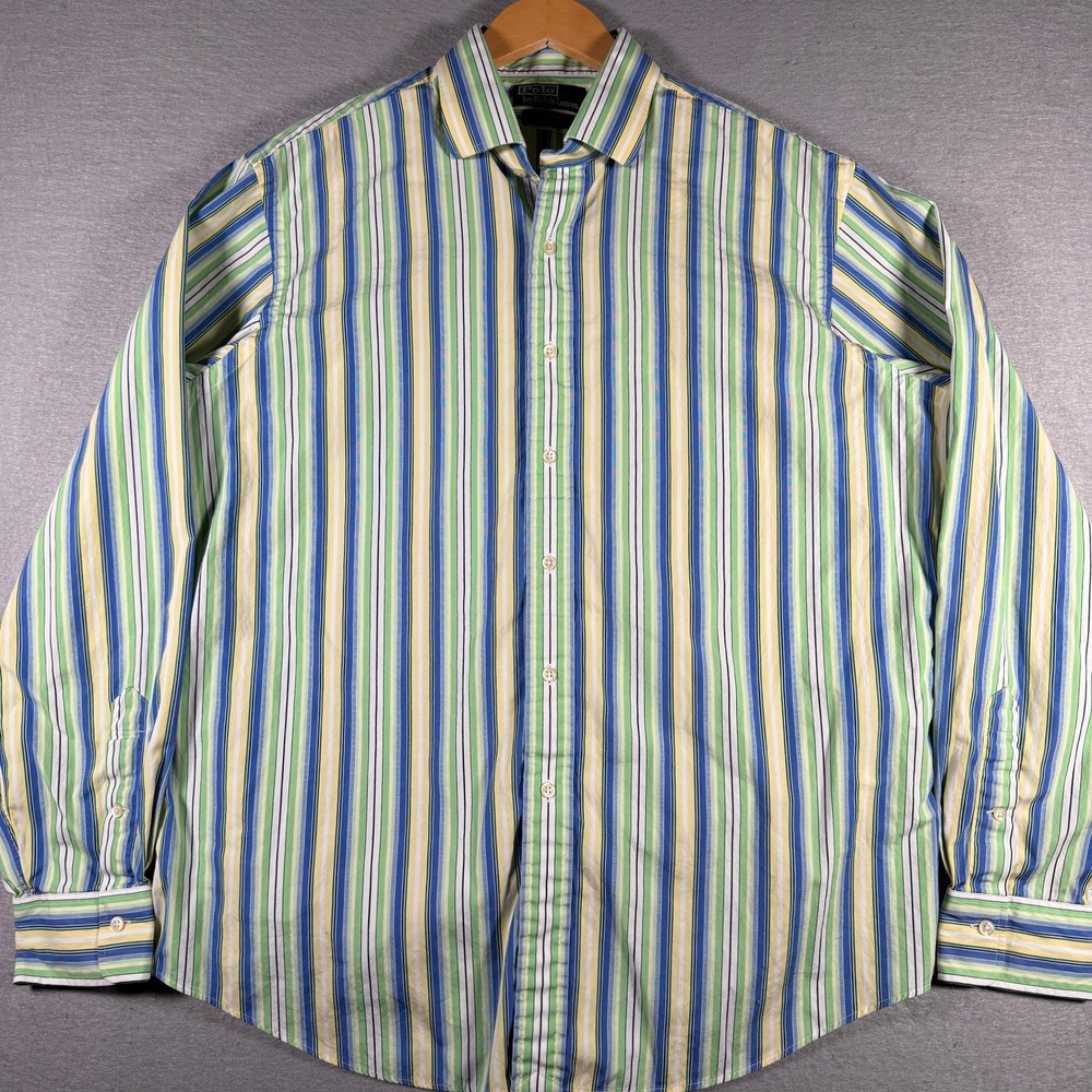 Polo Ralph Lauren Regent Custom Fit Striped Shirt Mens XL Green Blue Yellow